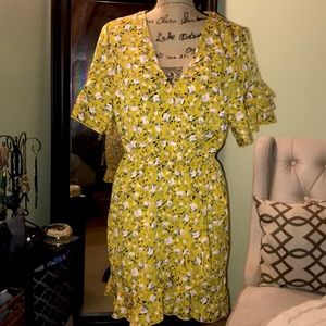 Floral Yellow Faux Wrap Mini Dress
